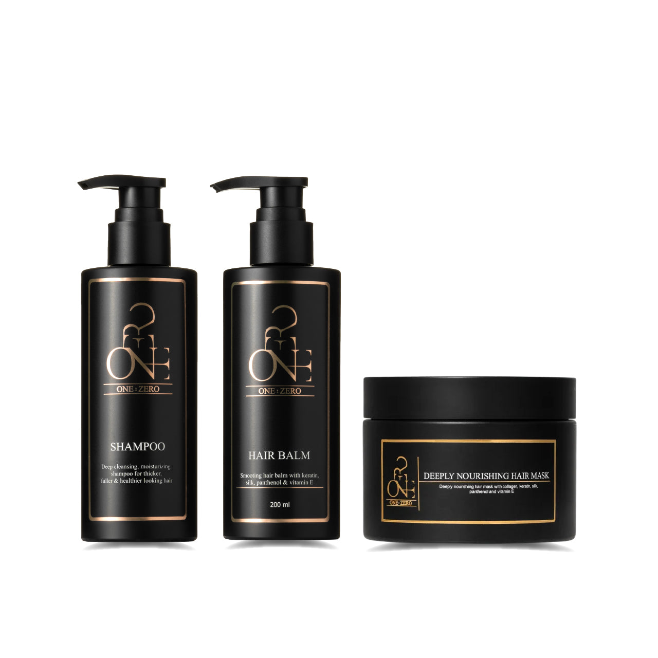 Shampoo, hair conditioner, and a deeply nourishing hair mask next to it
