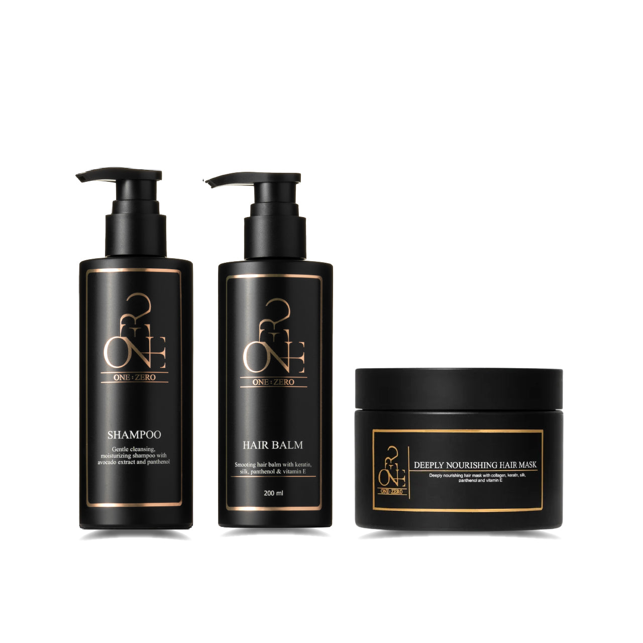 Set of 3 hair care products: shampoo, conditioner, and hair mask