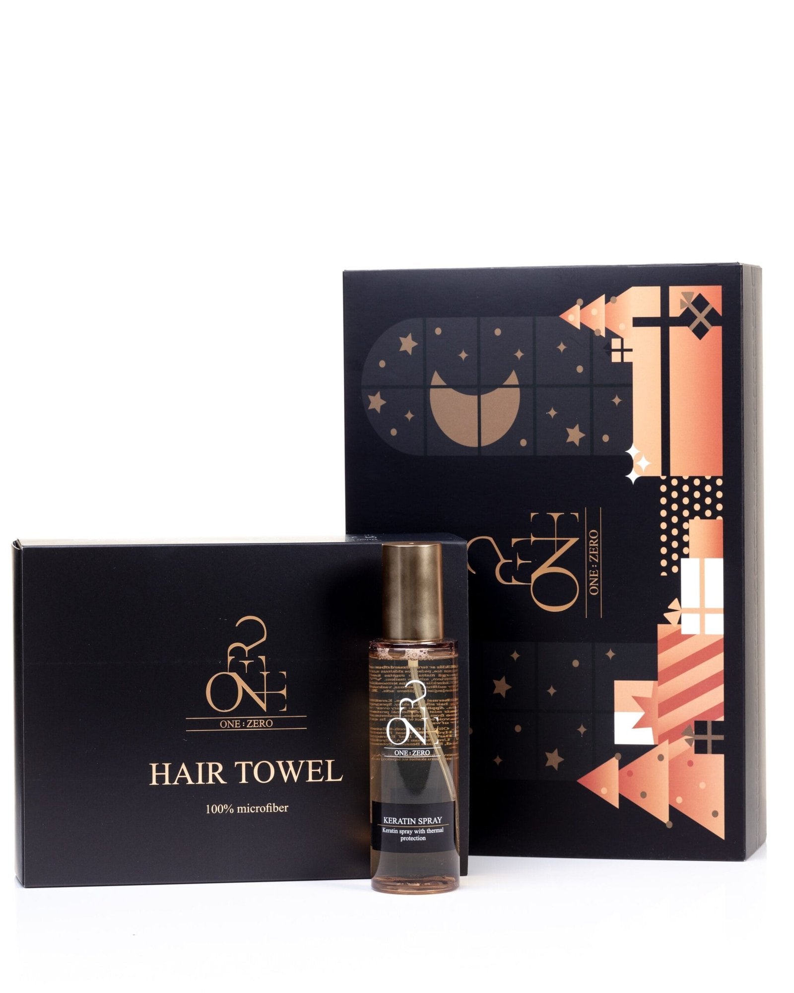 Hair towel gift box with festive design and hair oil
