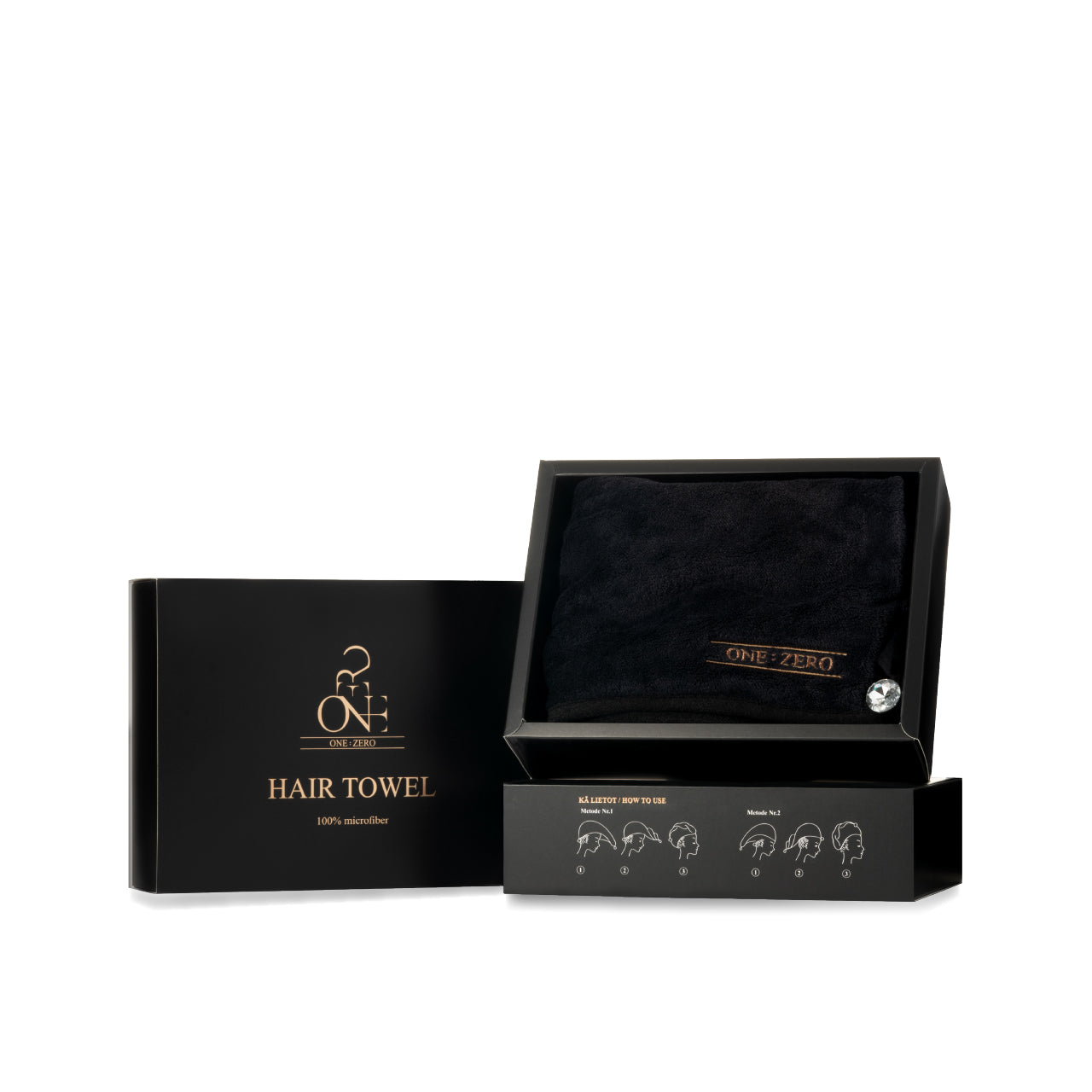 Black microfiber hair towel with a crystal button in a gift box