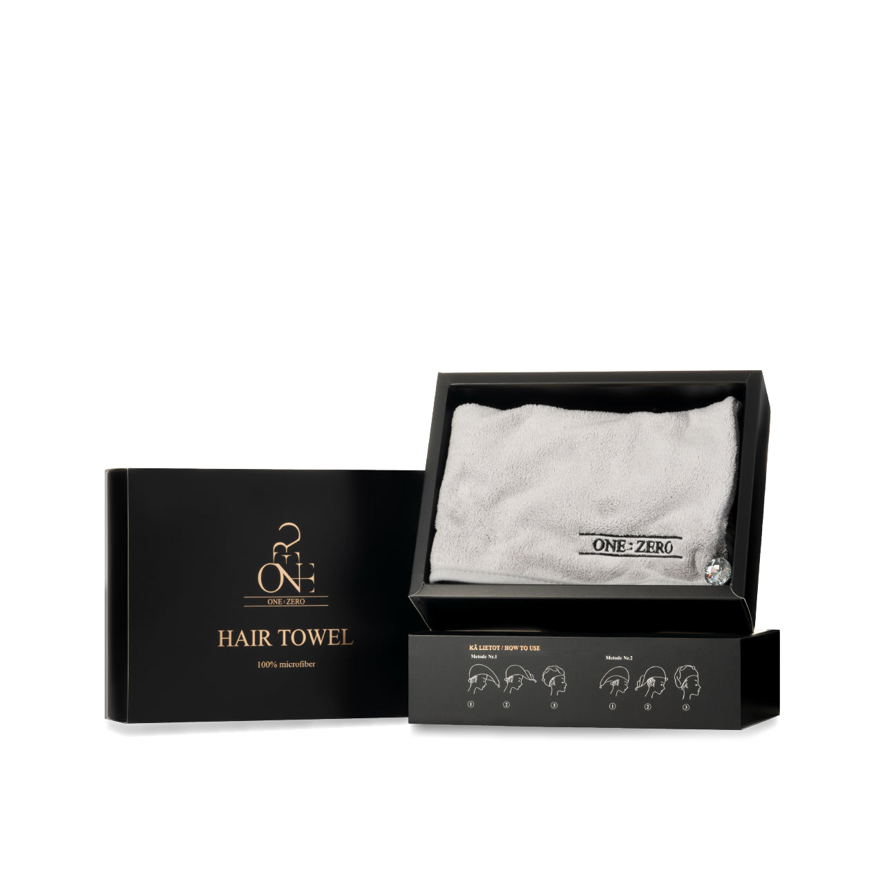 Gray microfiber hair towel with a crystal button in a gift box