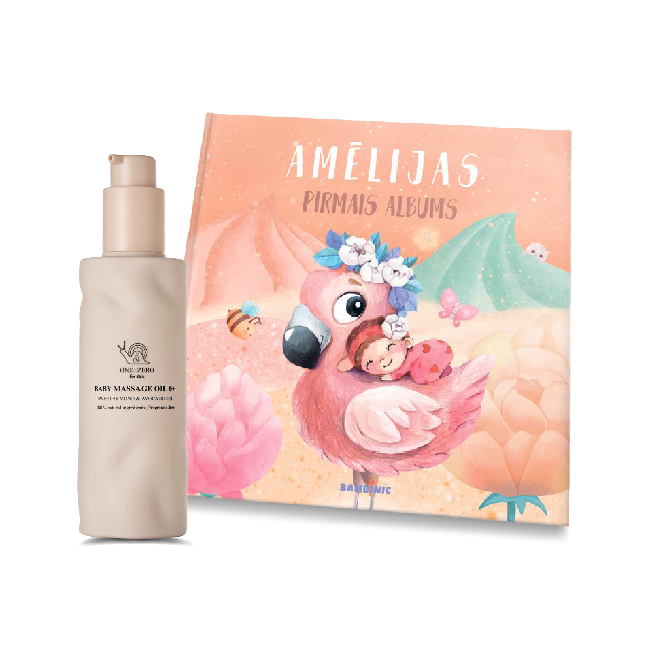 First-year life set for a girl: massage oil and an album with flamingos