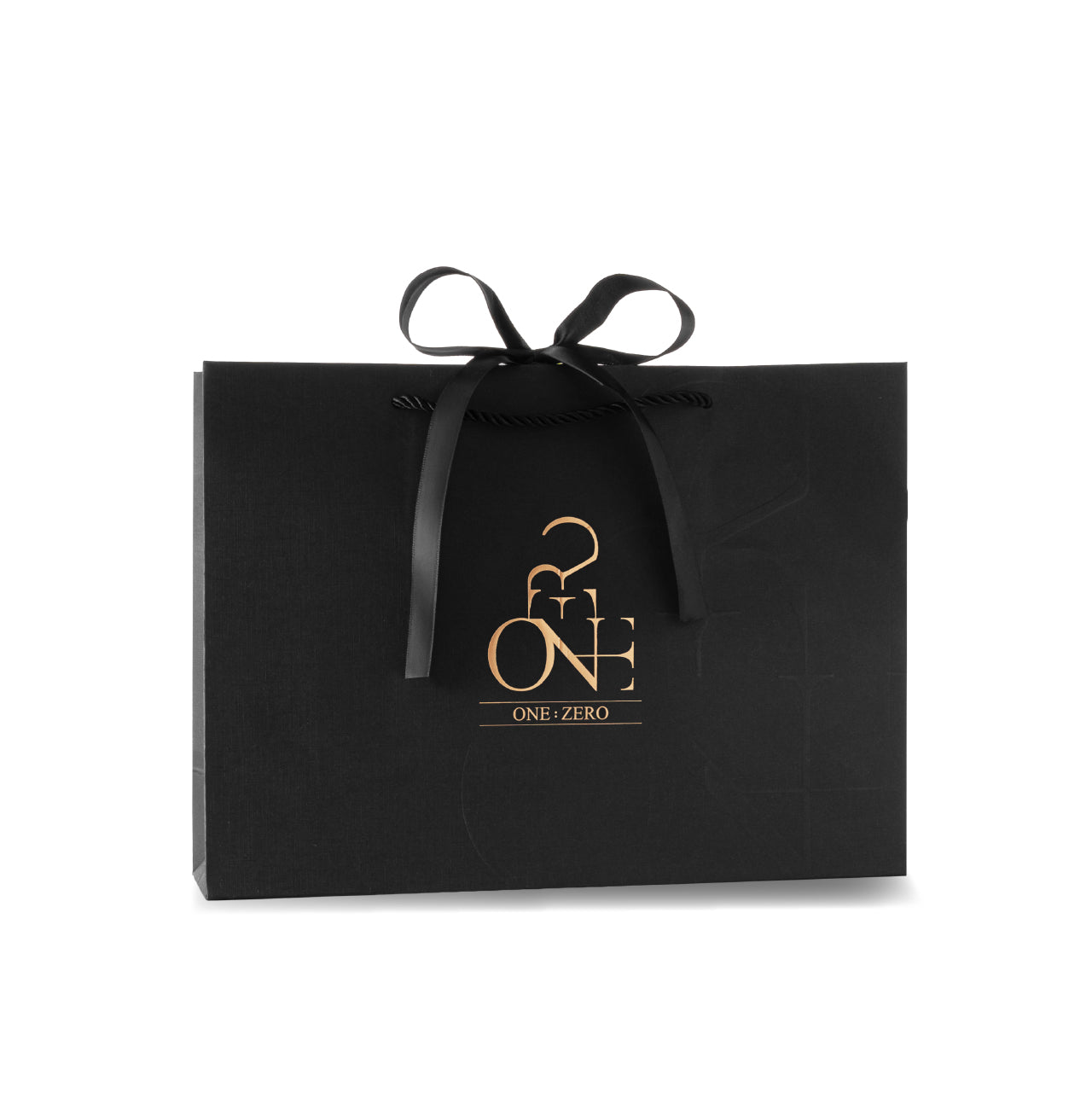 ONE:ZERO black gift bag with gold logo and ribbon - size L