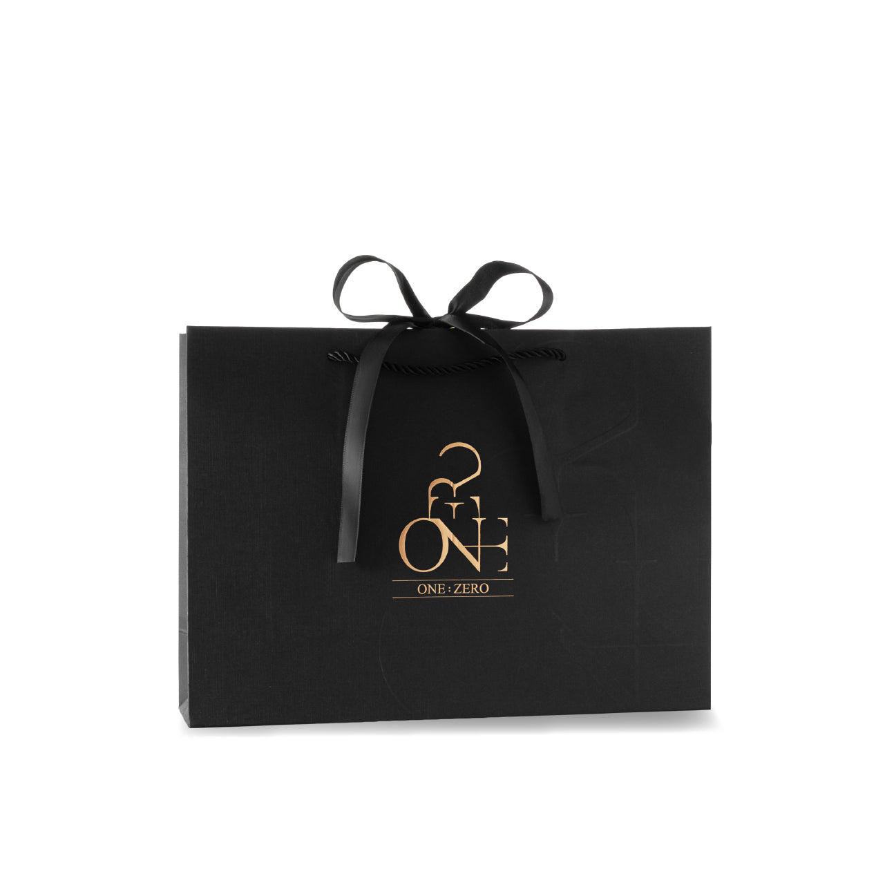 ONE:ZERO black gift bag with gold logo and ribbon - size M