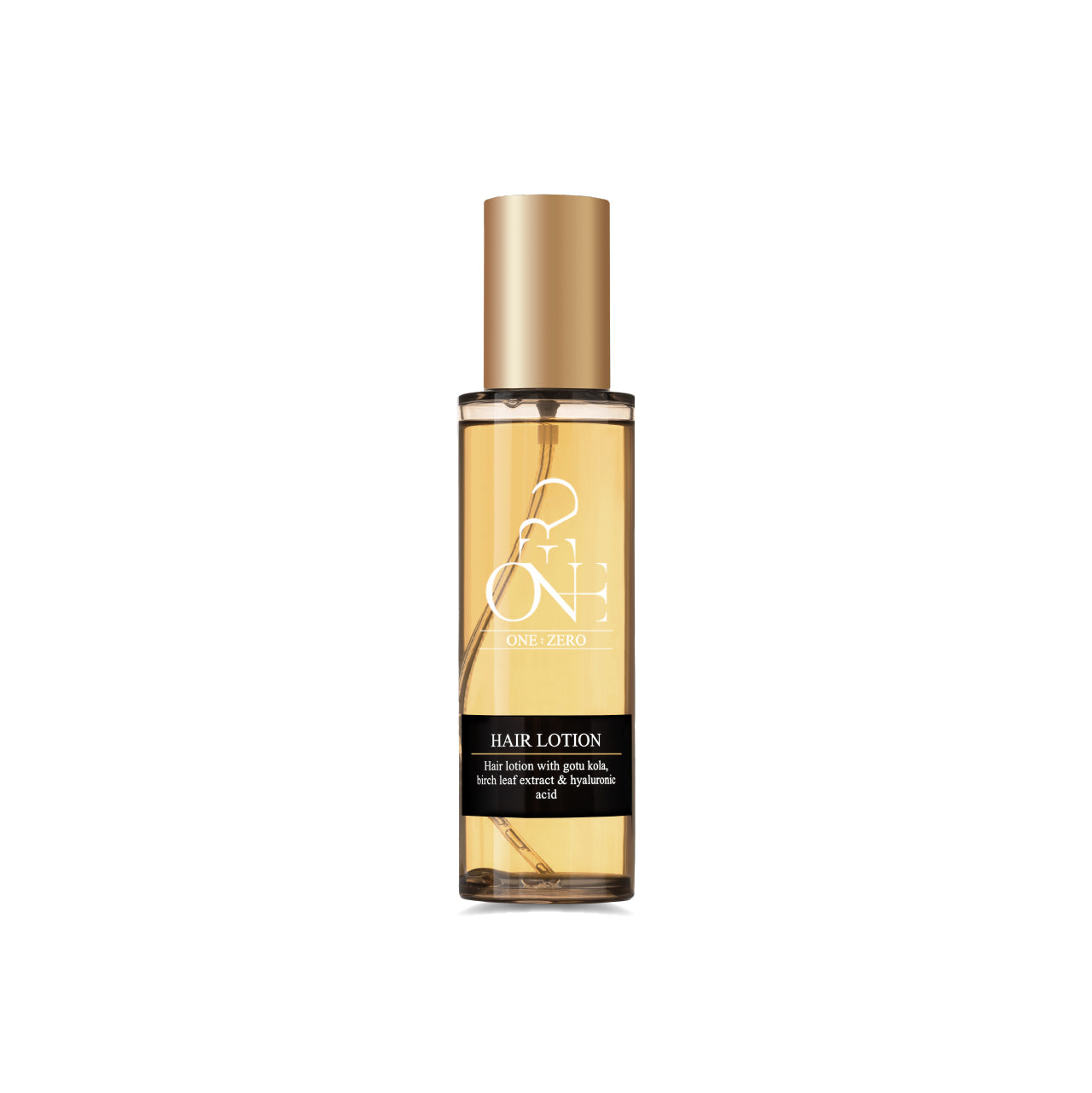ONE:ZERO hair growth-promoting lotion in a golden bottle