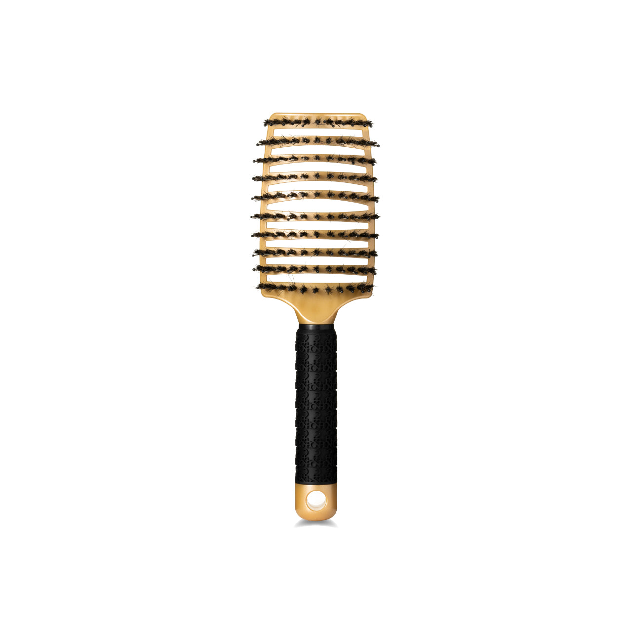 ONE:ZERO hair comb in gold color with a black patterned handle