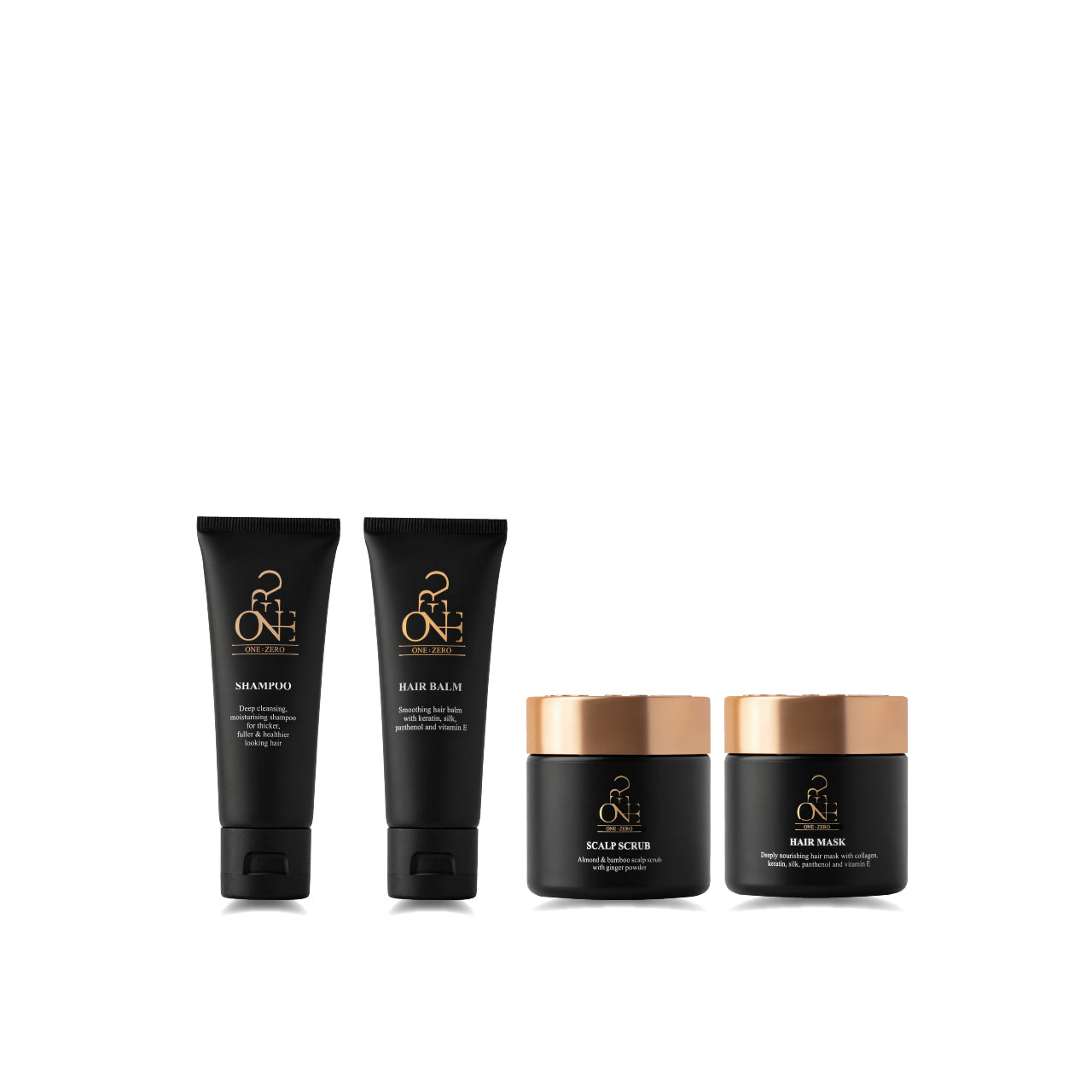 MINI hair care product set: shampoo, conditioner, mask, and scrub
