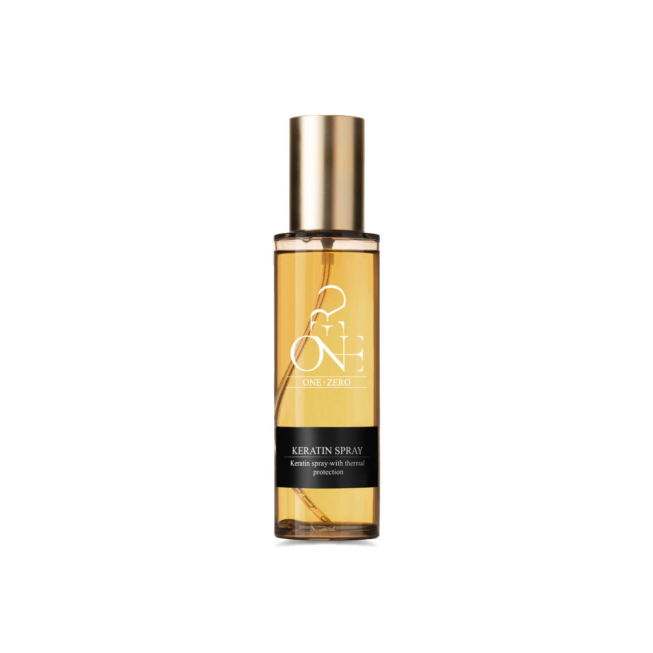 ONE:ZERO thermal protection spray with keratin in a golden bottle