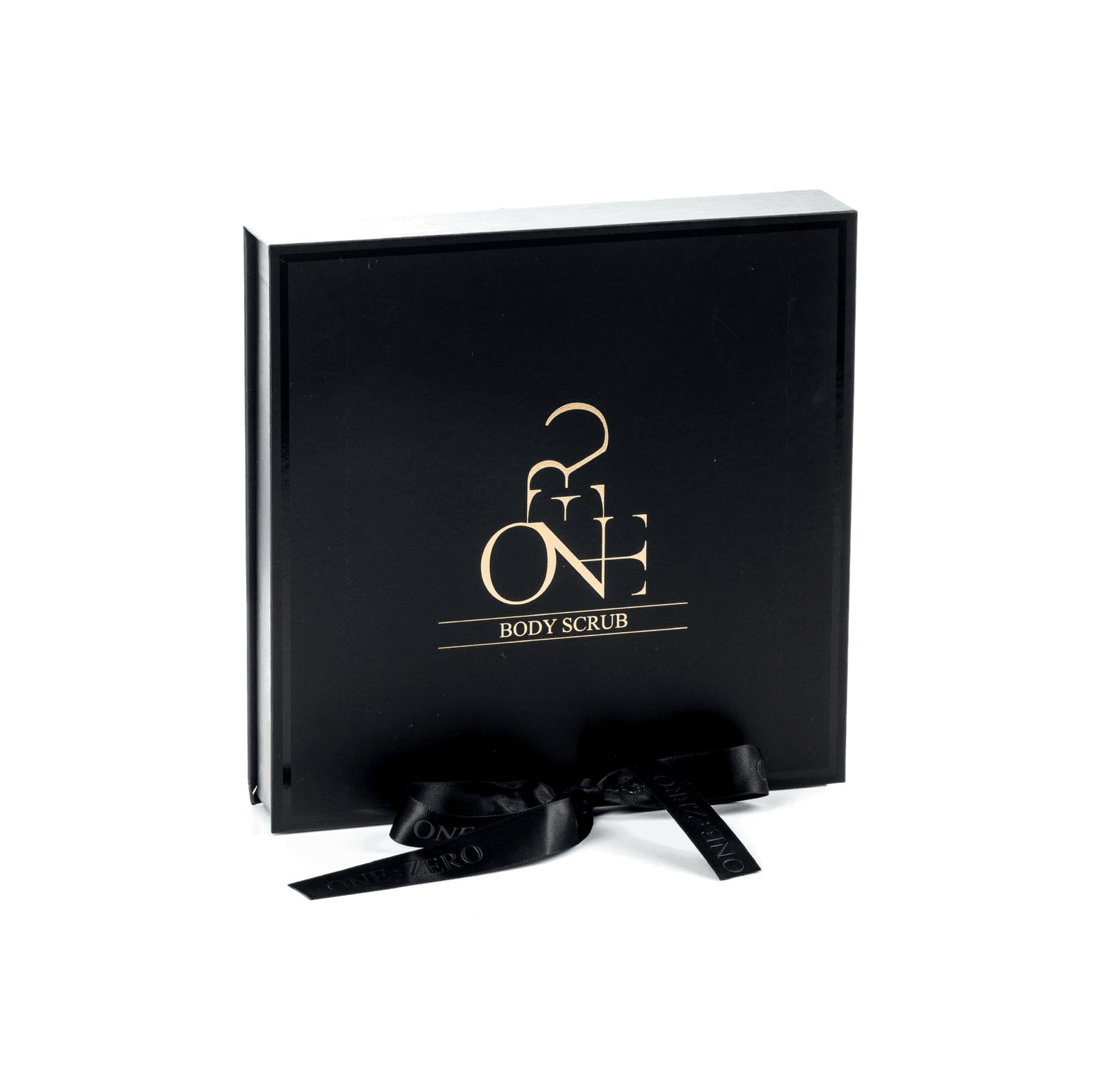 Closed black ONE:ZERO body scrub gift box
