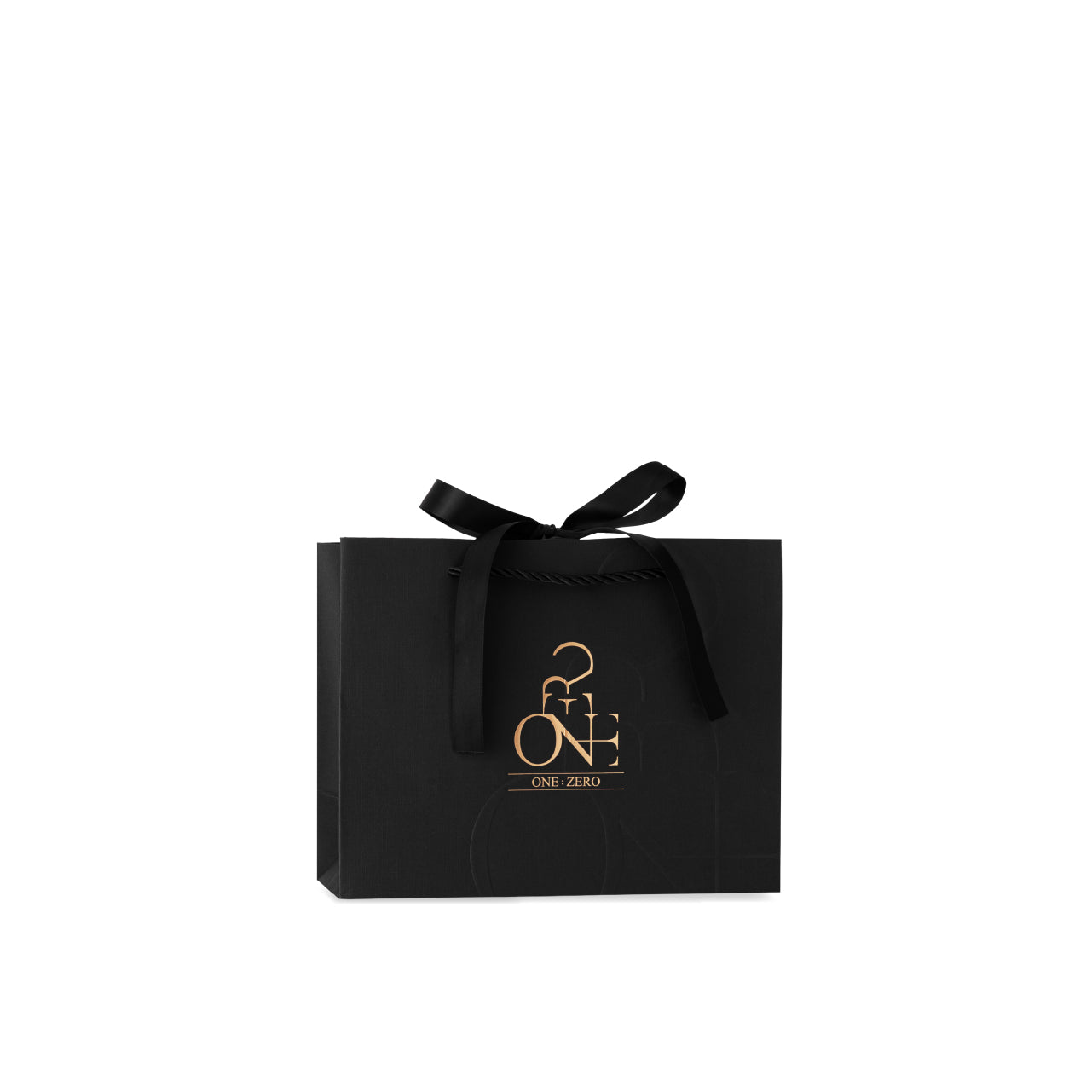 ONE:ZERO black gift bag with gold logo and ribbon - size XS