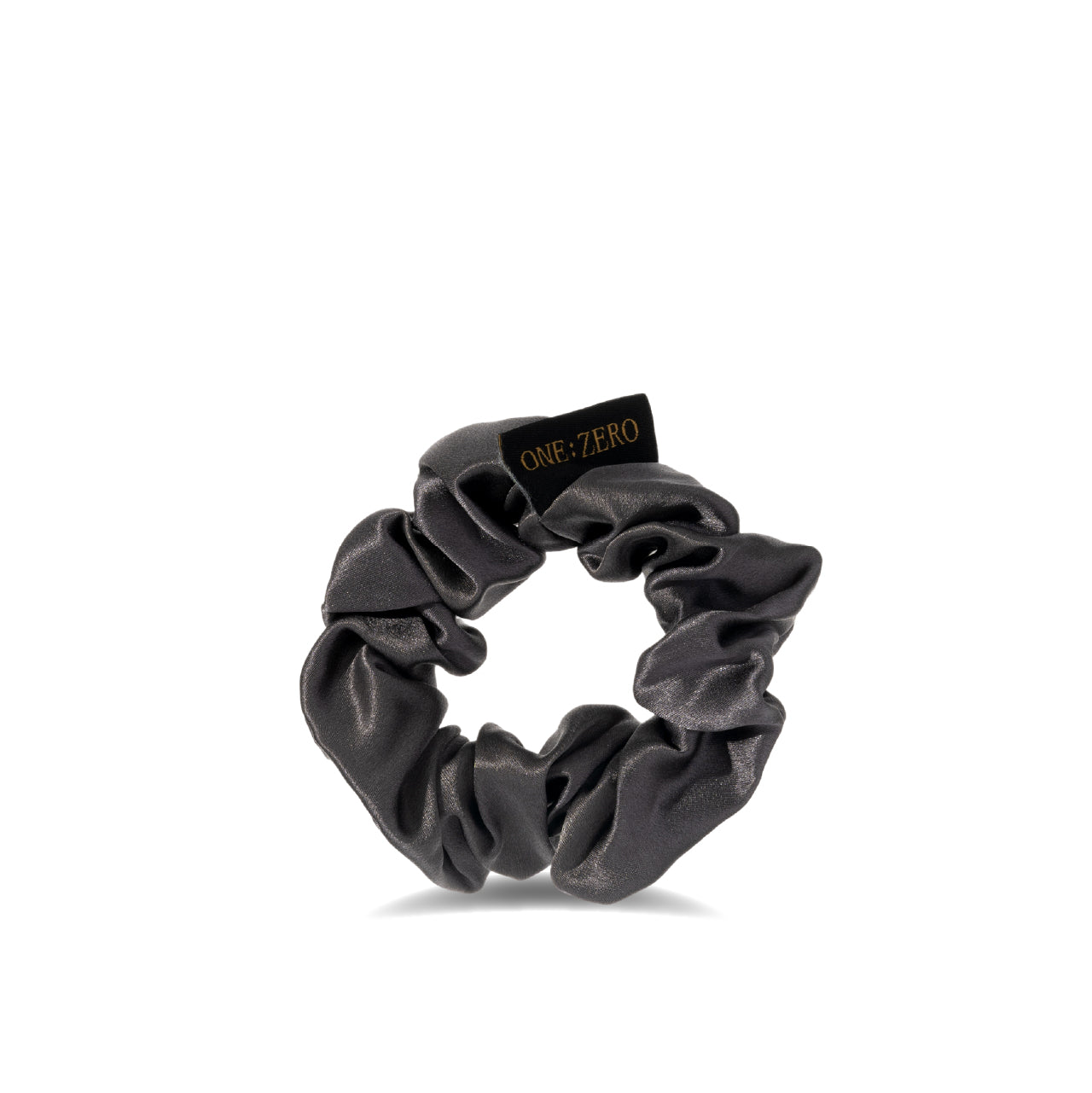 Gray silk hair scrunchie with ONE:ZERO label