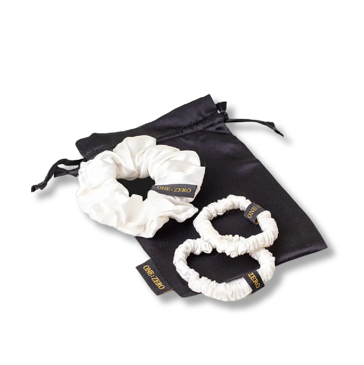 Silk hair scrunchie set in white color with a satin pouch