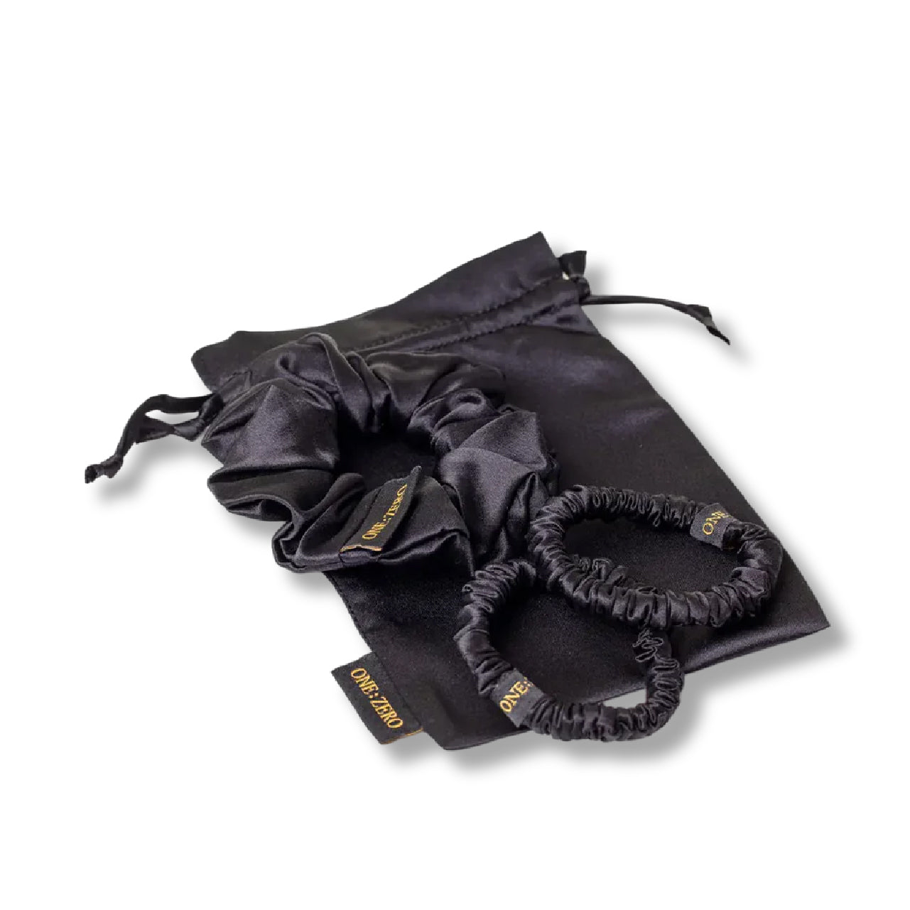 Set of silk hair ties in black color with a satin pouch