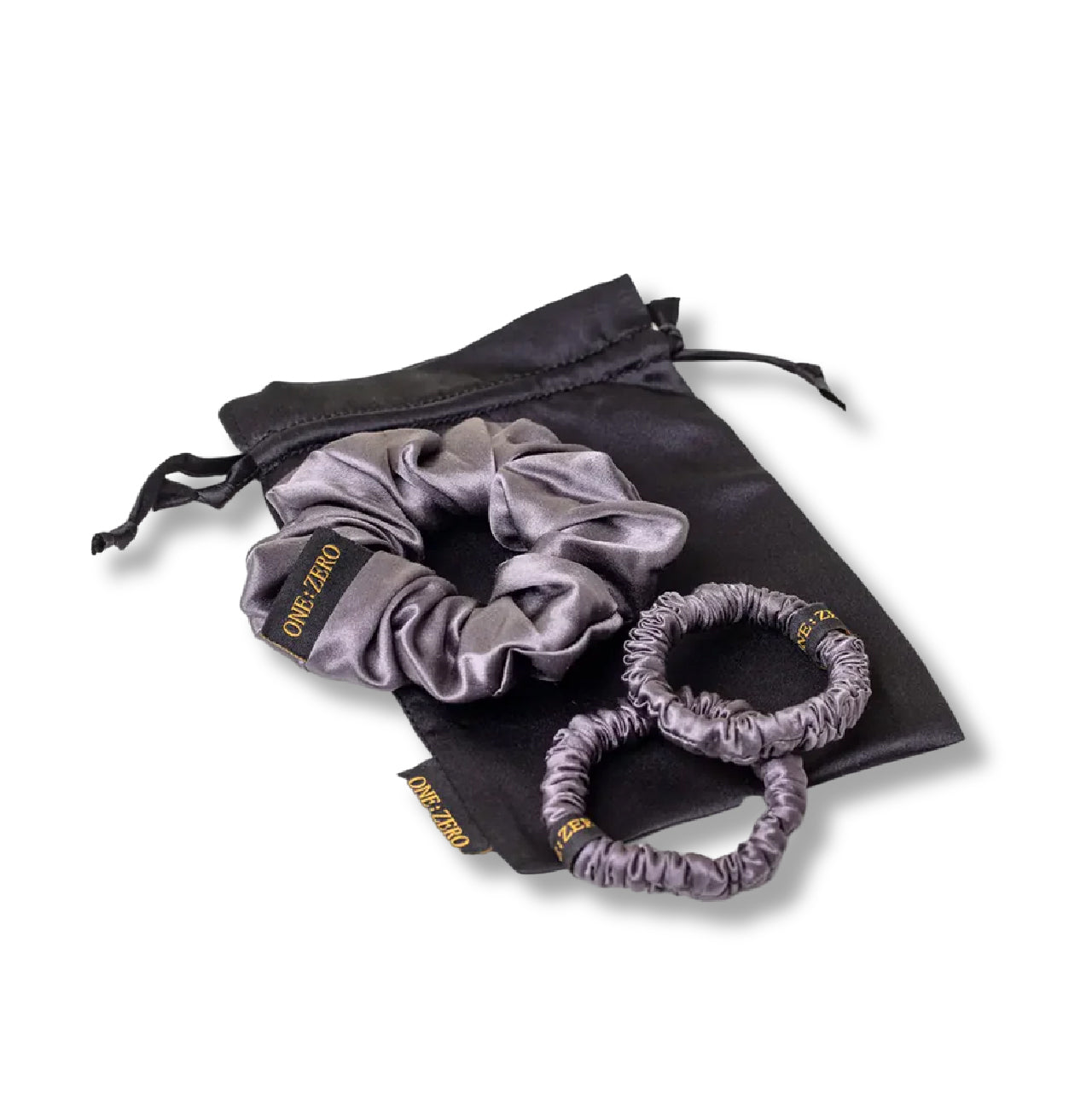 Set of silk hair ties in gray color with a satin pouch