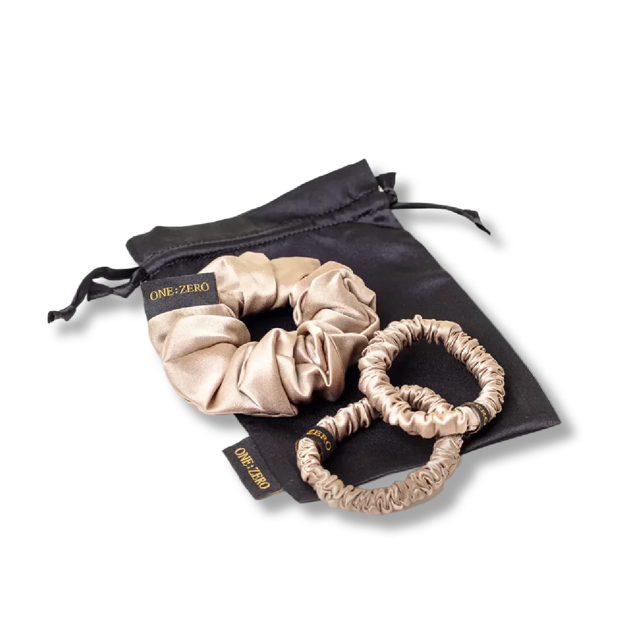 Silk hair scrunchie set in gold color with a satin pouch
