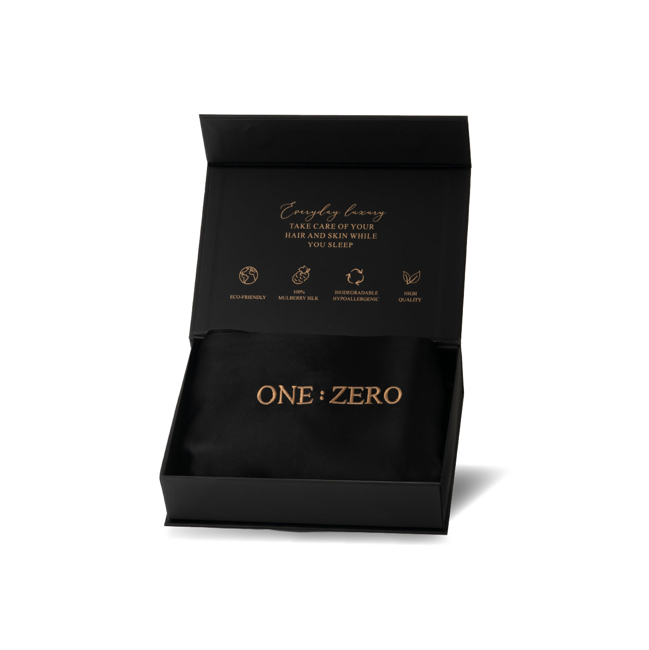 Melna zīda spilvendrāna melnā ONE:ZERO dāvanu kastē